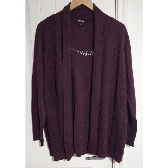 Briggs 1x Burgundy Cardigan Sweater With Buikt In Sweater Shirt With Rhinestones - Picture 1 of 6